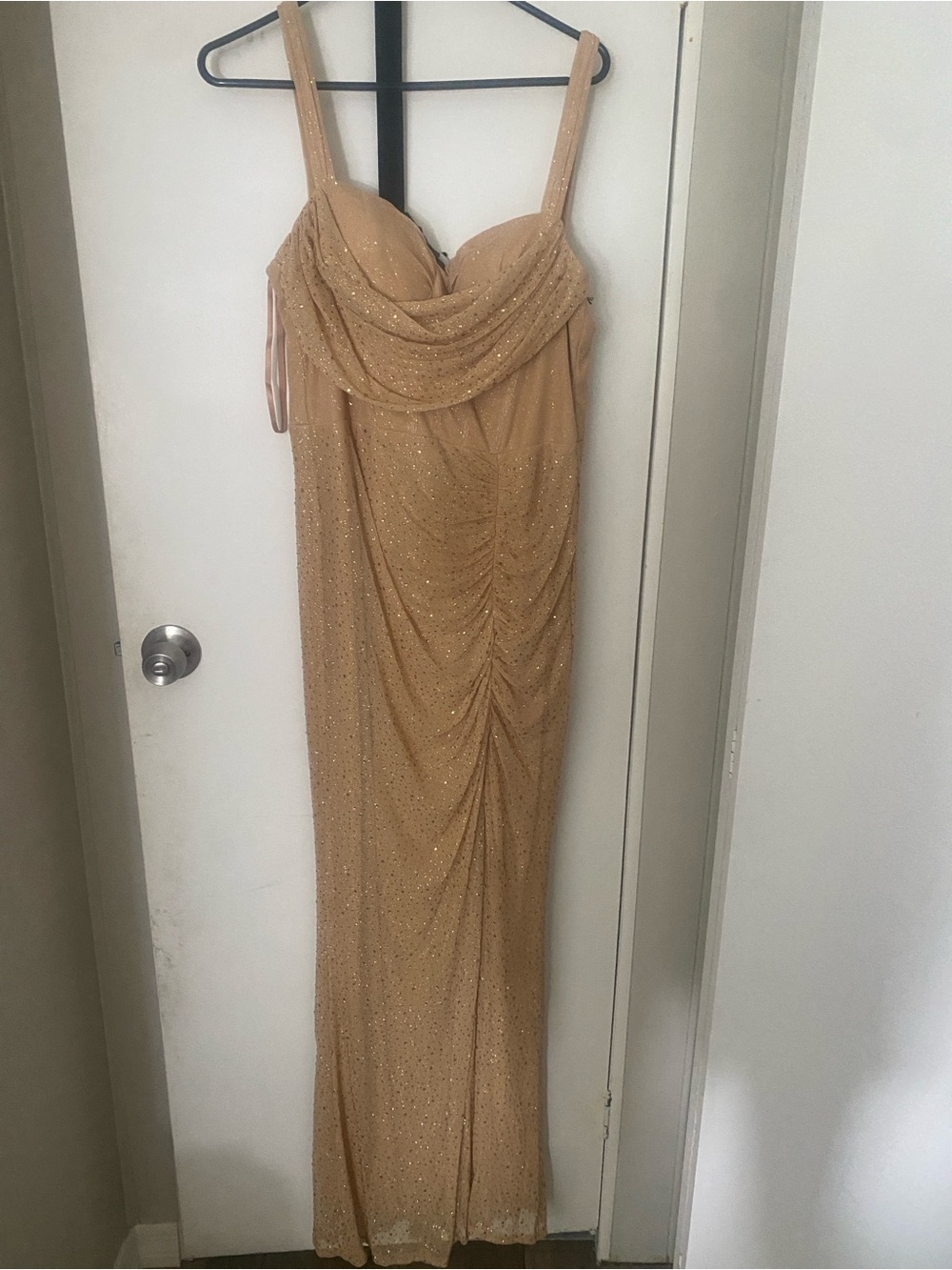 City Triangles Champagne Gold Sparkle Draped prom dress/evening gown